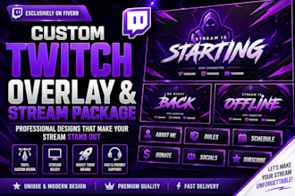 design custom twitch overlay, stream package, panels, and branding kit