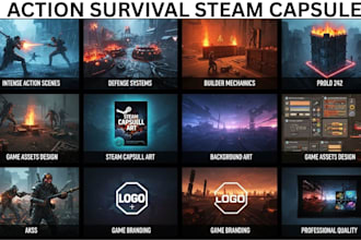 create action survival steam capsule art, game logo, cover art game assets