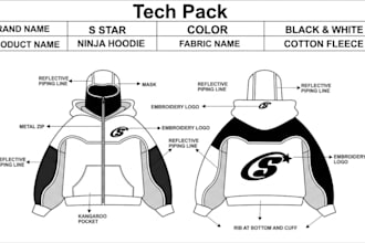create fashion tech pack and clothing tech pack designs for clothing production