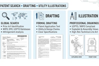 do patent search, patent drafting and utility patent illustration