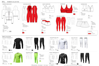 create tech pack for active wears set, gym wears, sport wears for production