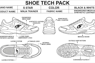 design shoes, footwear, sneakers, and sandals with tech pack for manufacturing