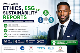 write an ethics, esg sustainability report, csr and esg reporting for business