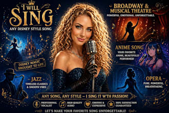 sing any disney style song broadway, musical theatre, anime song, jazz, opera