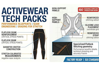 create professional activewear tech pack and sportswear clothing design