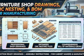create furniture shop drawings, cnc nesting files, and bom for manufacturing