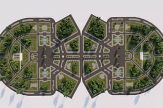 revamp modern public park, pedestrian walkway design, playground space rendering