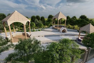 replan outdoor recreational space,gazebo wooden deck design, 3d landscape render