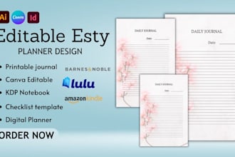 design printable journal, editable esty planner minimalist wellness tracker kdp