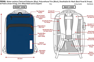 do bag tech pack technical drawing for handbag backpack tote duffel, golf bag