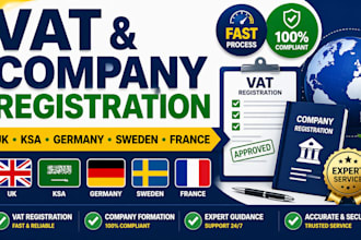 do vat and company registration in UK, ksa, germany, sweden and france