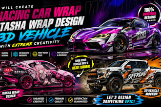 create racing car wrap, itasha wrap design, 3d vehicle with extreme creativity