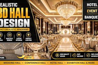 design realistic 3d virtual hall, hotel hall and event hall with photorealistic