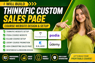build thinkific custom sales page, course website design, podia, thinkific setup