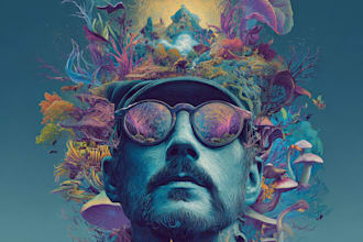 create a unique psychedelic surrealistic illustration for album cover