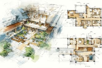 draw building and interior floor plans in watercolor