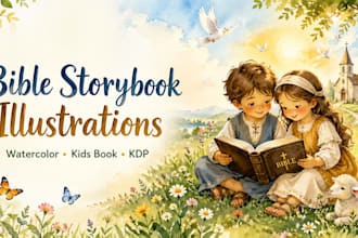 do hand drawn bible themed kids storybook watercolor art, faith based book pages