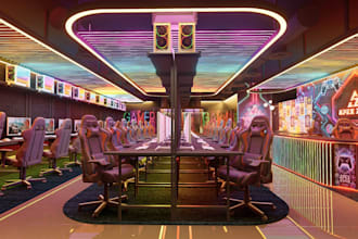 create 3d game lounge design, 3d game arcade, game arena, 3d game room
