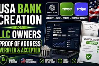 create USA bank with mercury, wise, stripe for US llc owners, proof of address