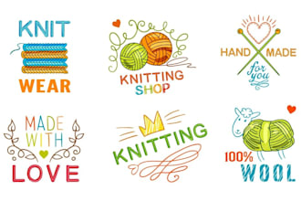 design boutique, handmade, crochet knitting, needles, sewing, and craft logo
