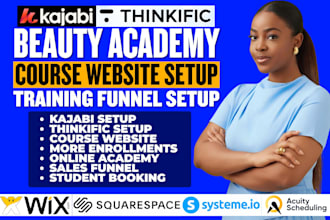 setup beauty academy online course, thinkific website kajabi sales funnel expert