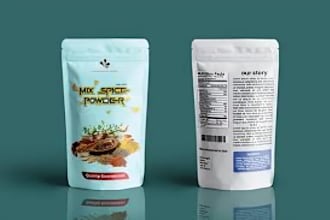 do product packaging, label design render, pouch design for ecommerce product