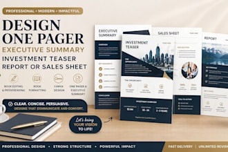 design one pager executive summary, investment teaser, report or sales sheet