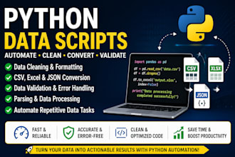 develop python script for data parsing, validation, conversion CSV excel json