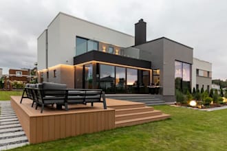 3d villa mansion,flat roofs design,outdoor space,forest view,interior fireplace