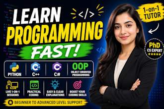teach python, cpp, csharp, and programming with oop concepts