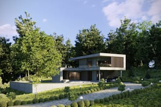 model mountain house exterior, 3d country home design, slope building rendering