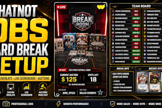 set up whatnot obs stream card break auction with custom overlays and scoreboard