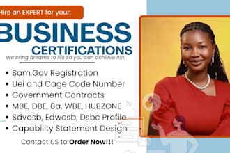 get your wosb, mbe, dbe, 8a, sba certification, sam gov, uei, cage code, USA llc