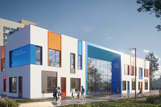 design educational building render, school facade, hostel, universities college