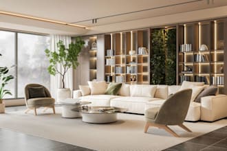 do interior design and 3d rendering for living room, bedroom, and kitchen