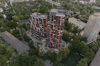 render 3d high rise apartment,master planning,active storefronts,blueprint tower