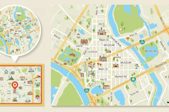 design detailed city map, tourist map, travel guide map and location map