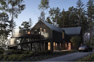 upgrade modern luxury forest house, cgi villa rendering, elevated terrace design
