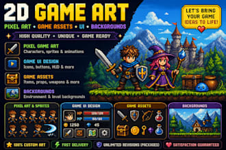 do 2d art, pixel game art, ui game, game assets, ui and backgrounds