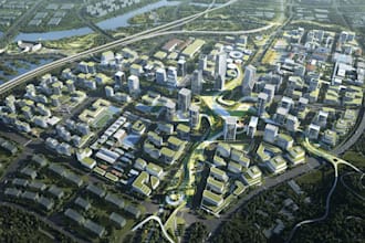 restructure 3d city urban township, community  master plan,aerial view landscape