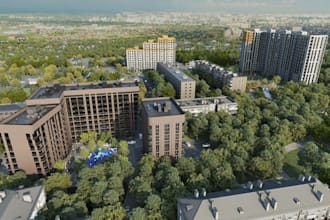 3d multifamily housing render,evergreen community,playpark,residential courtyard