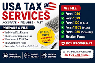 prepare and file USA tax return irs tax filing form 1040, 1099, 1120 s corp