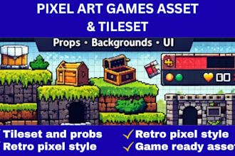 create retro pixel art game assets, tilesets, props and UI