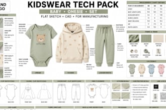 design kidswear baby clothing tech pack onesie set cad for manufacturing