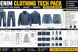 create denim tech pack with 3d mockup for jeans jacket and shorts factory ready
