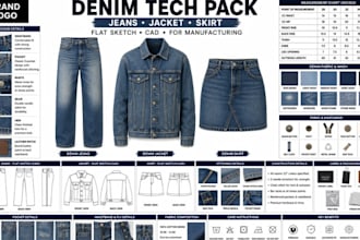 design denim tech pack jeans jacket skirt cad flat sketch for manufacturing