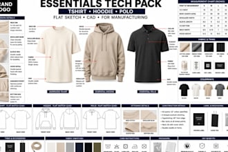 design essential clothing tech pack t shirt hoodie polo cad for manufacturing