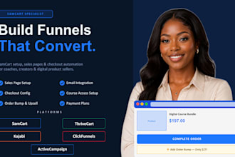 setup thrivecart, samcart sales funnel, samcart landing page and online course