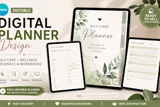 design canva editable digital planners, self care and wellness planners for etsy
