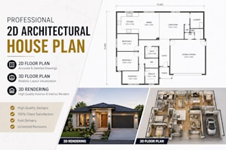 draw architecture, house plans, 2d floor plan, renders in autocad, 3d rendering